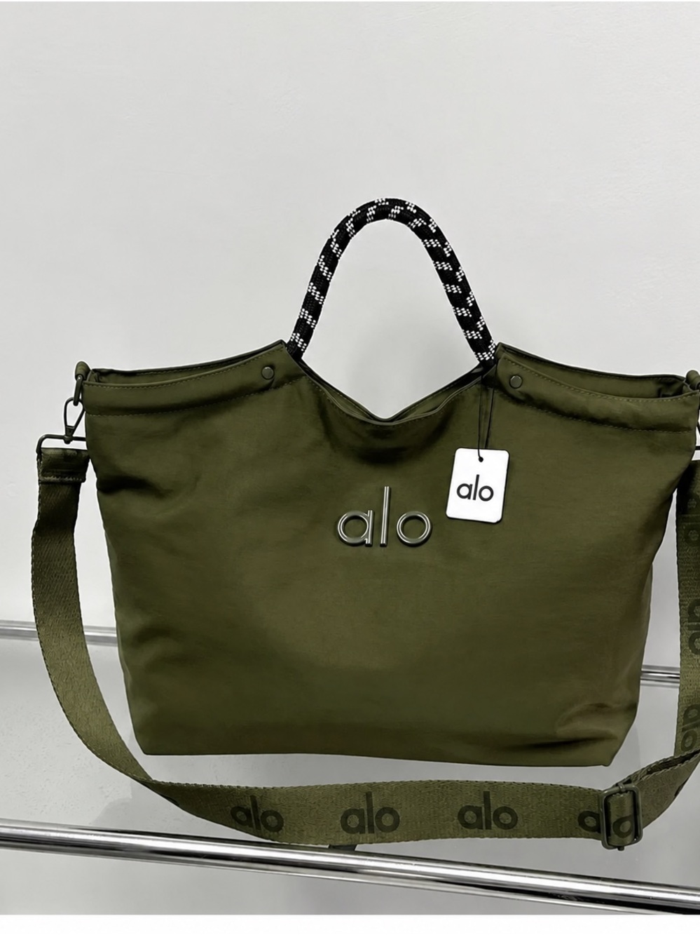 ALO Yoga Olive Tote with Black & White Rope Handles